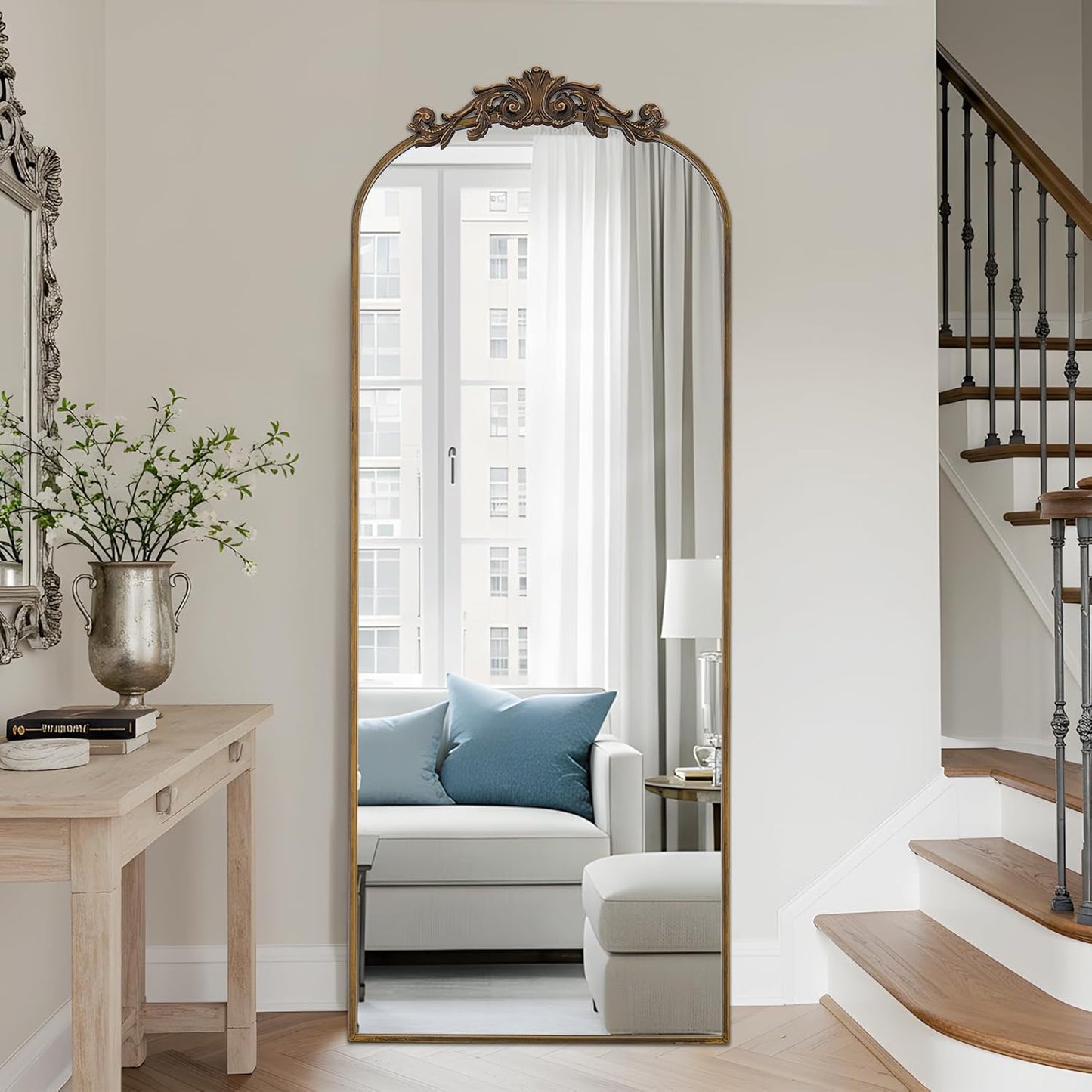 Filigree Floor Mirror 64"x21" Full Length Mirror Freestanding with Vintage Ornate Carved Applique Full Body Hanging Wall Mounted Mirror for Living Room Bedroom Retro Home Decor, Bronze