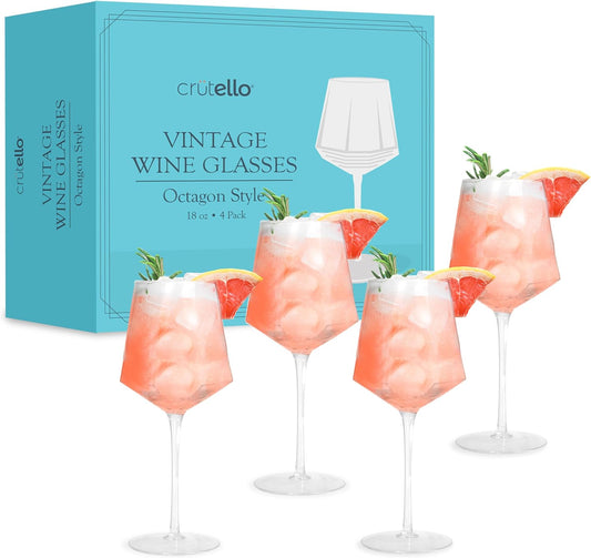 Crutello Vintage Wine Glasses Set of 4-18 oz Glass Sets - Fancy Unique Art Deco Glassware - Long Stemmed Fun Drinking Glasses for Red and White Wine, Cute Cocktail, or Fun Mocktails