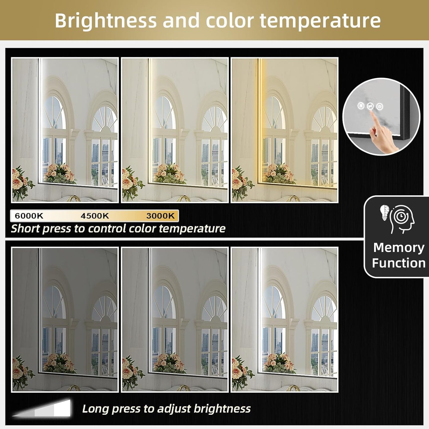 LED Bathroom Mirror with Black Framed 28X40 Inch, LED Mirror for Bathroom with Anti-Fog, Stepless Dimmable, Front Lit, Memory Function, Shatter-Proof