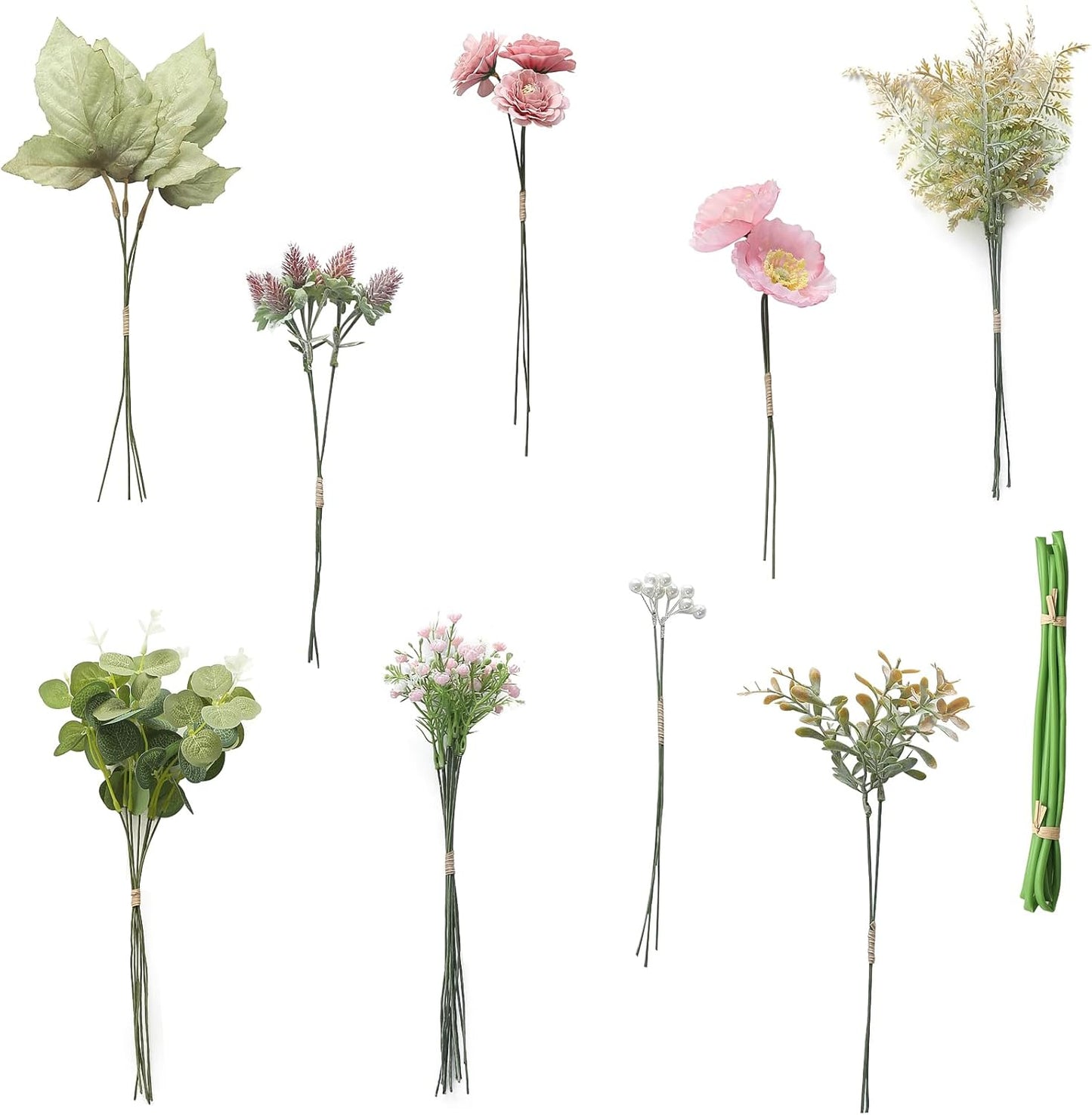 Floroom Artificial Greenery Stems Box Set, 45pcs with 6 Kinds of Faux Greenery Flowers Picks for DIY Bridal Bouquets Wedding Floral Arrangement Table Centerpieces, Dusty Rose & Green