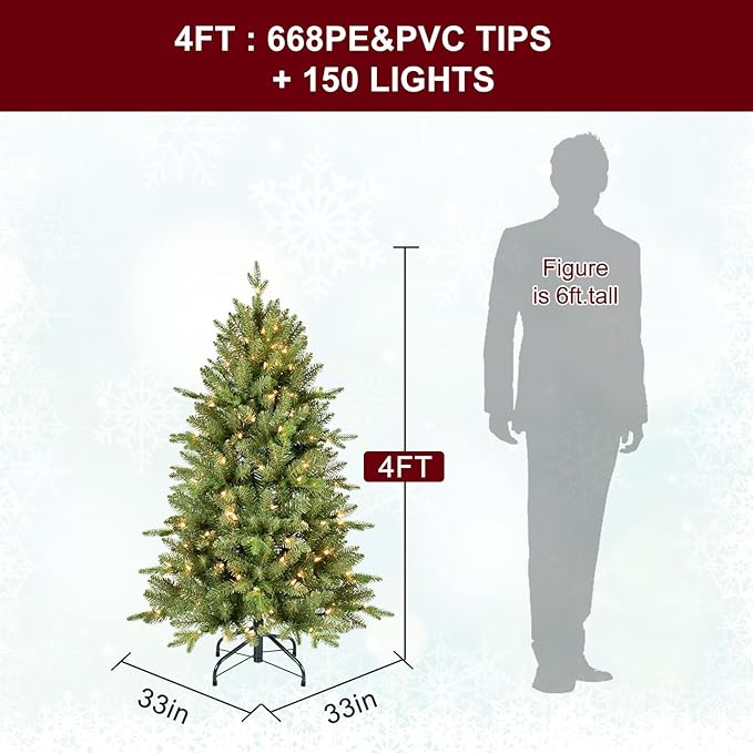 4FT Pre-Lit Artificial Christmas Tree with 628 PE&PVC Mixed Branch Tips, 200 Warm White Lights, Hinged Premium Spruce Fake Xmas Trees, Green, Foldable Base
