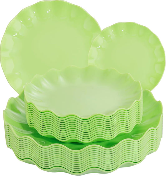 LIYH 24 Pcs Green Plastic Plates Reusable - Unbreakable Dinner Plates Scalloped Dessert Plate Microwave & Dishwasher Safe Plate Sets Perfect for Parties Birthday Picnics (12Guests)