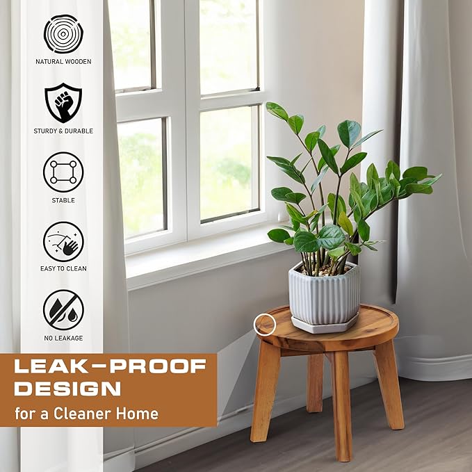 Demigo Indoor Plant Stand, Acacia Wooden Decorative Plant Shelf with Spill-Proof Tray, Stable 8” Tall Flower Holder for Heavy Pots, Gardening Display for Decor Living Room Patio - Natural Brown