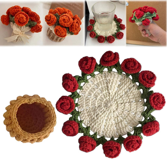 Crochet Flower Bouquet Blanket Coasters,Crochet Flower Potted Plant Flowers, Completed Mini Handmade Rose Romantic Knitted Gift for Girls Mom for Birthday, Anniversary, Valentines,Red b