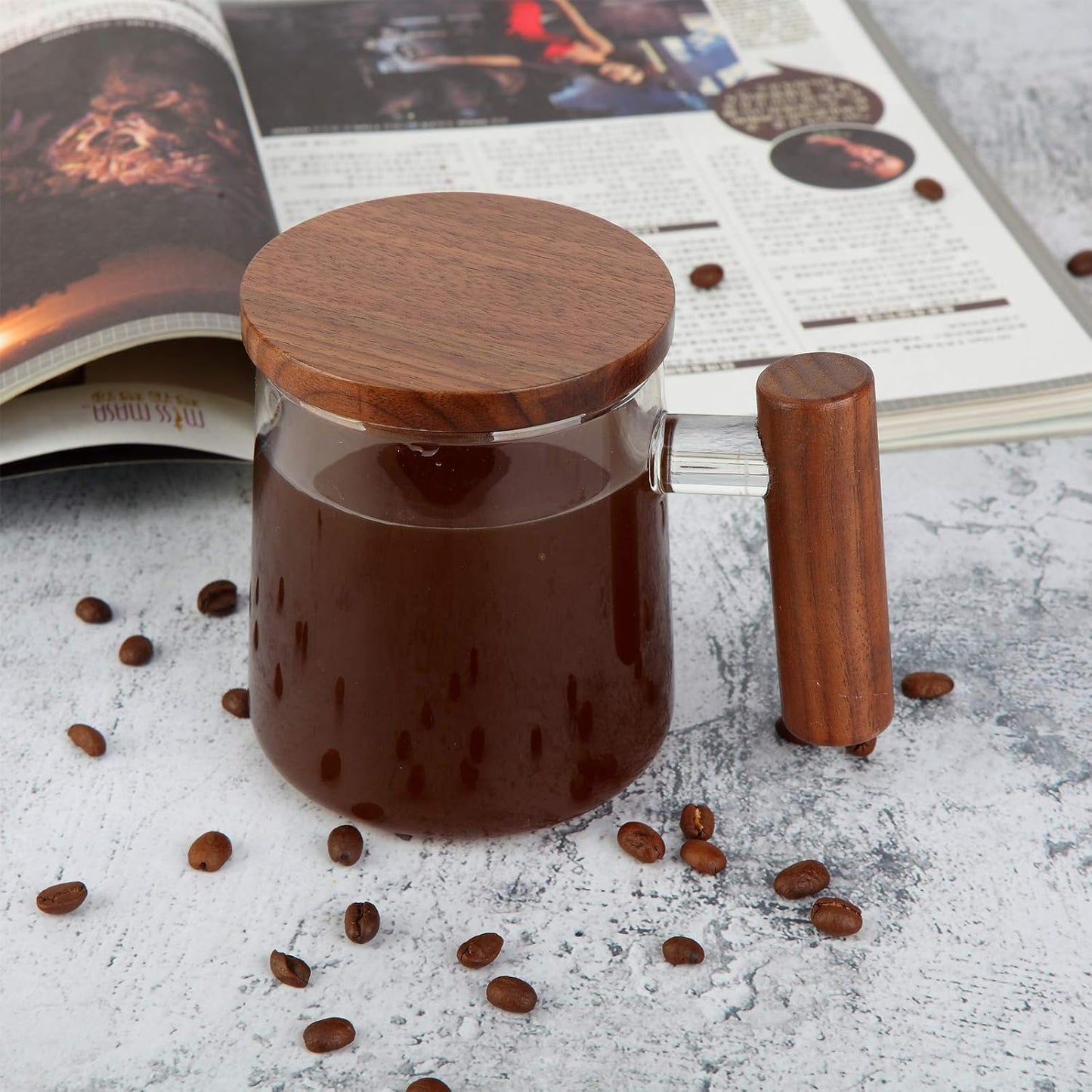 COMI Glass Coffee Mugs, Clear Coffee Mugs with Walnut Lid&Handle，Wide Mouth Extra Large Capacity Cup, Perfect for Latte, Mocha, Cappuccino, Tea and Juice, Microwave Safe(2PCS,15oz/450ml)