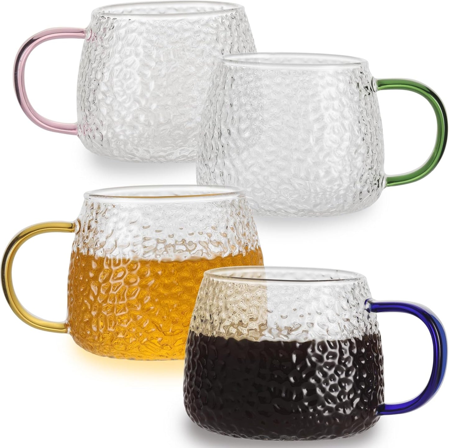 Glass Tea Cups with Colorful Handle Set of 4, Clear Borosilicate Glass Teacups with Hammer Pattern, Large Coffee Mugs for Espresso Cappuccino Latte Juice, 16OZ/480ML