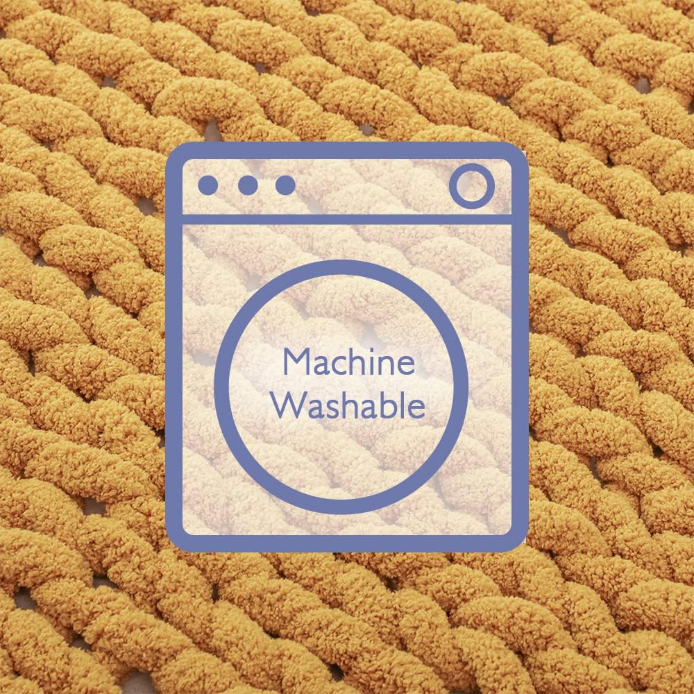 Bigacogo Chunky Knit Throw Blanket for Couch, 51x63 inches, 100% Hand Knitted with Thick Jumbo Chenille Yarn, Cozy Soft Large Rope Knot Cable Crochet Blankets for Sofa Bed Living Room, Mustard Yellow