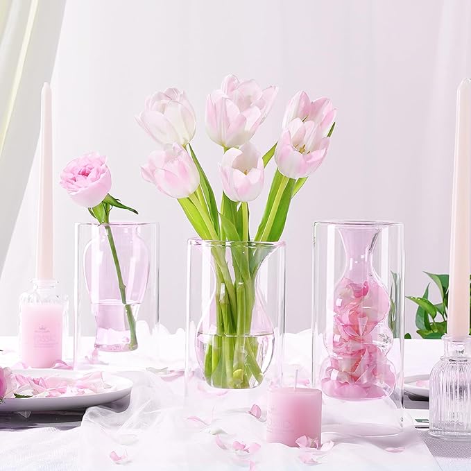 ZENS Unique Small Pink Flower Vase Set of 3, Modern Floating Decorative Vases, Double Hollow Cool Glass Vases, Hand Blown Bud Vases for Home Small Bouquet, Wedding Centerpieces