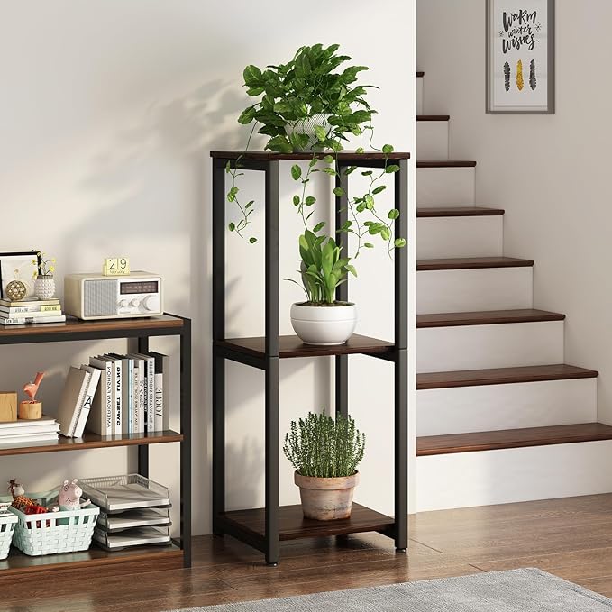 Plant Stand Indoor Corner Tall 3 Tier Metal Modern Flower Storage Plant Shelf Holder for Living Room Balcony Garden,Black Oak (3 Tier-Black Oak)