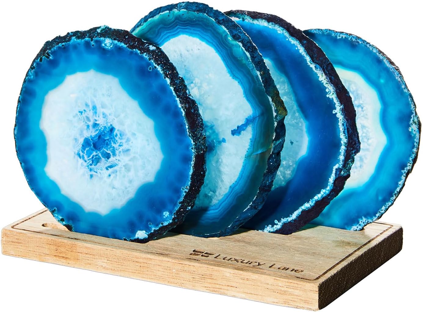 Luxury Lane Set of 4 Large Natural Brazilian Agate Slice Geode Rock Stone Drink Coasters with Wood Holder 4.3-4.7 inch Centerpiece Table Decoration, Ocean Blue
