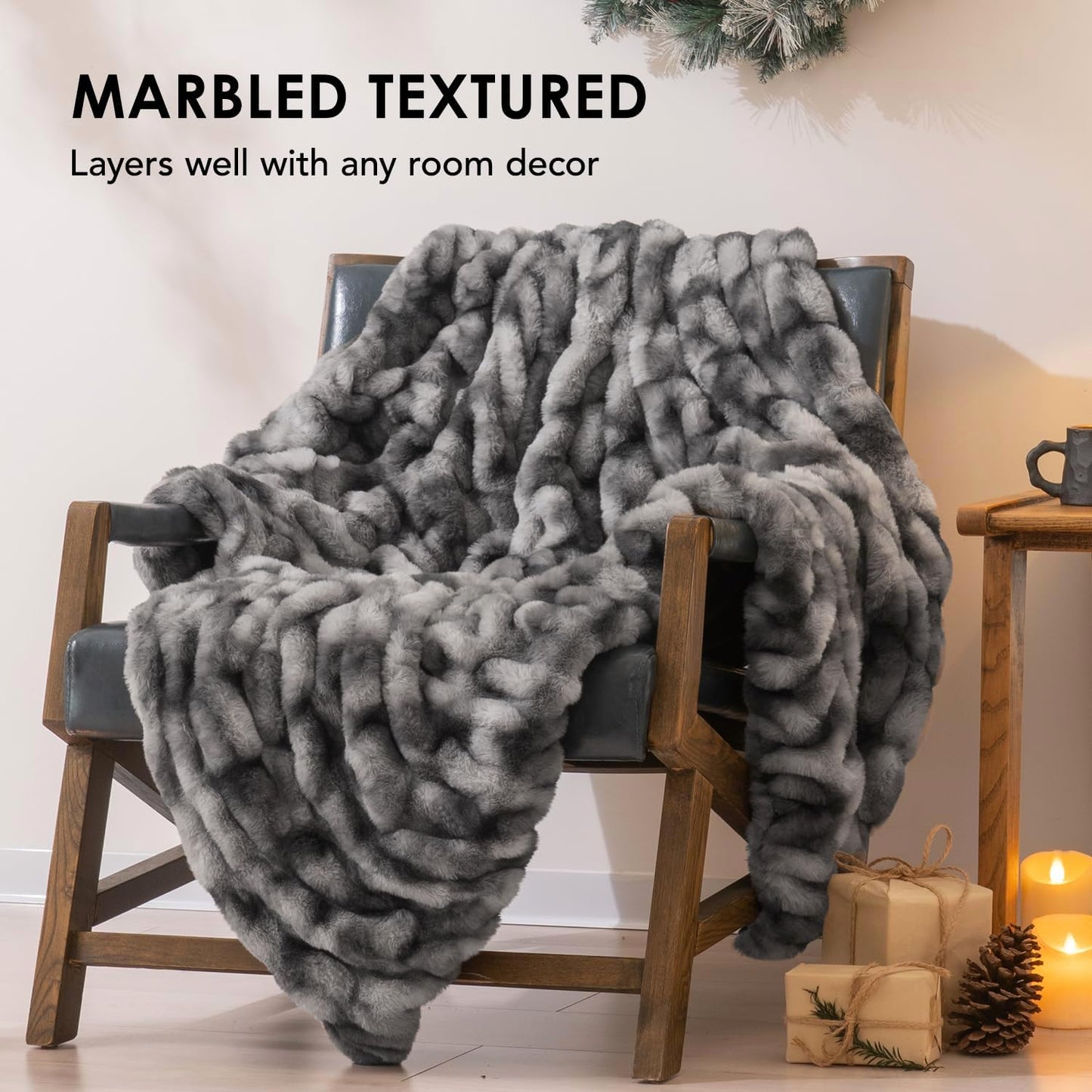 EVERGRACE Luxurious Soft Faux Fur Throw Blanket, Cozy Fuzzy Plush Warm Throws for Couch Bed Sofa Chair Home Decor, Ruched Bubble Fluffy Blanket with Reversible Velvet, 50" x 60", Gray
