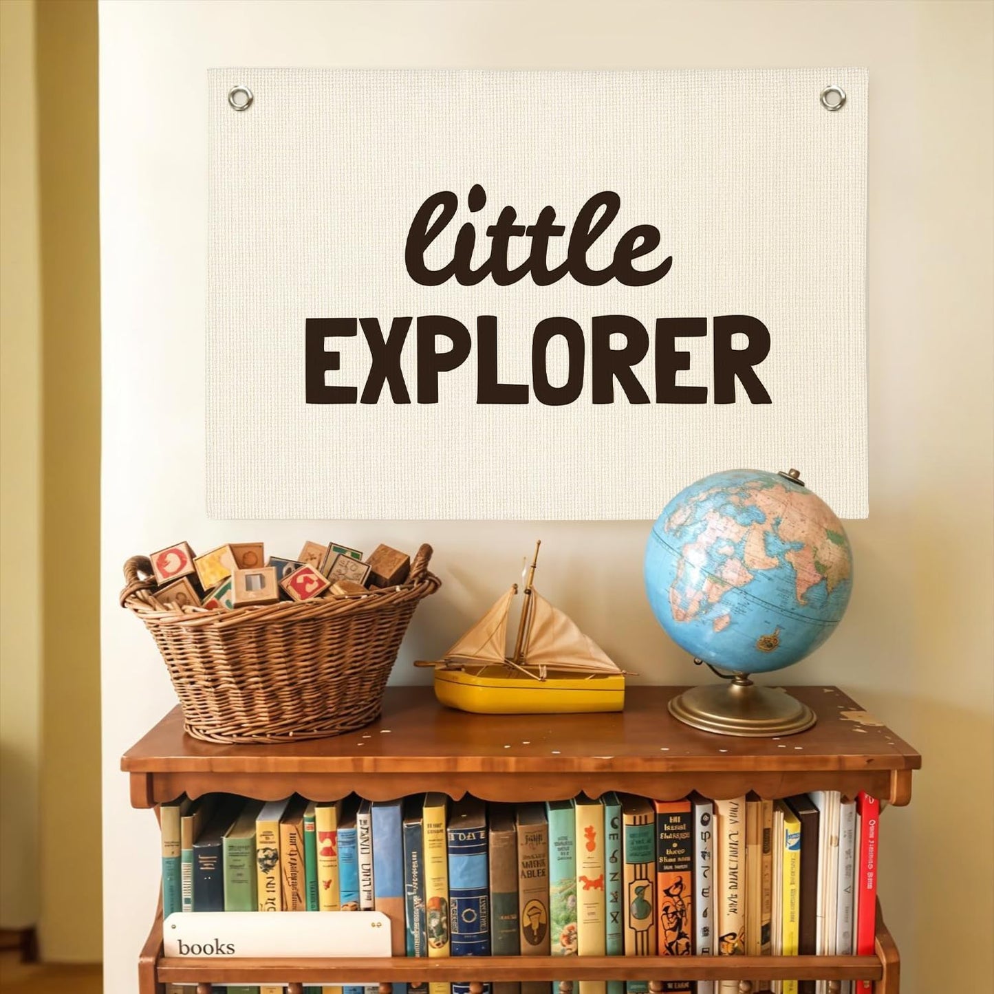 Little Explorer Canvas Banner,Boys Room Decor,Travel Themed Wall Hanging Banner Flag Decor for Nursery, Baby Shower Birthday Gift 30x20 Inch