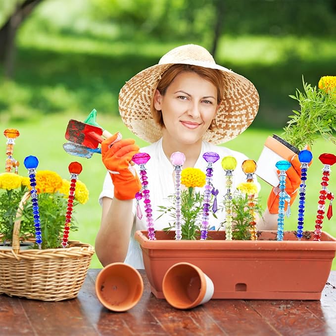 101 PCS Beaded Garden Stakes Kit, DIY Fairy Wand Garden Stake Beads Kits with Red Large Hole Beads 4 Crystal Stopper Top Threaded Rods and 2 Colored Small Windmills for Outdoor Indoor Decor