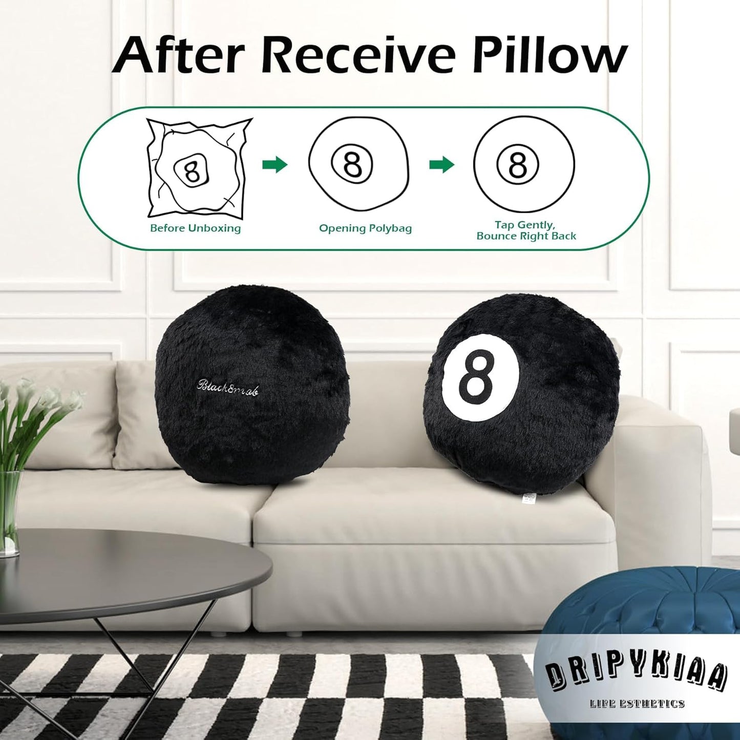 Dripykiaa 8 Ball Throw Pillow, 14" Decorative Pillows Throw Cushion Home Decoration Plush Sporty Design Ball Pillow for Women, Men Bestselling Comfort and Stylish Accent Decor