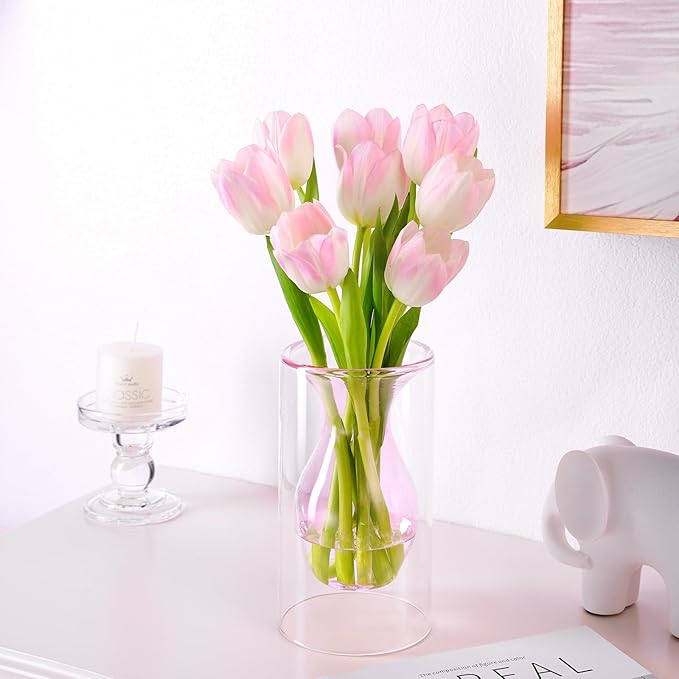 ZENS Unique Pink Small Flower Vase, Double Hollow Floating Clear Glass Vase, Modern Decorative Hand Blown Cool Bud Vase for Home Small Bouquet, Wedding Centerpieces