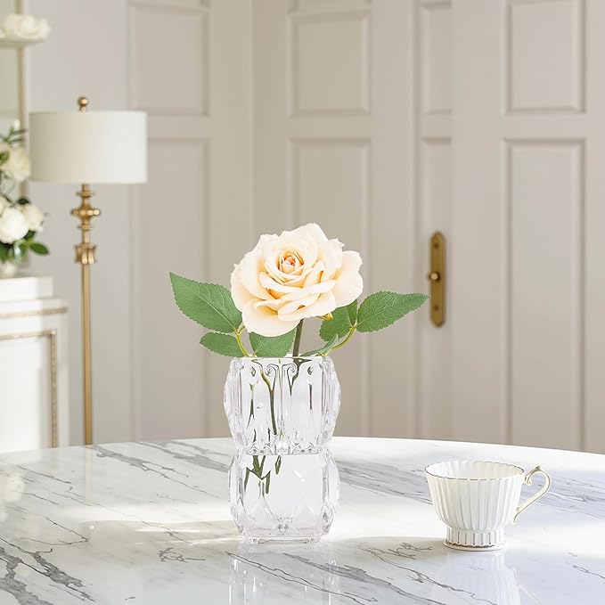 VECELO Crystal Glass Vase - Textured Clear Flower Vase for Fresh Flowers & Hydroponic Plants, Modern Decorative Centerpiece for Dining Table, Coffee Table & Home Décor, 7.28 Inches