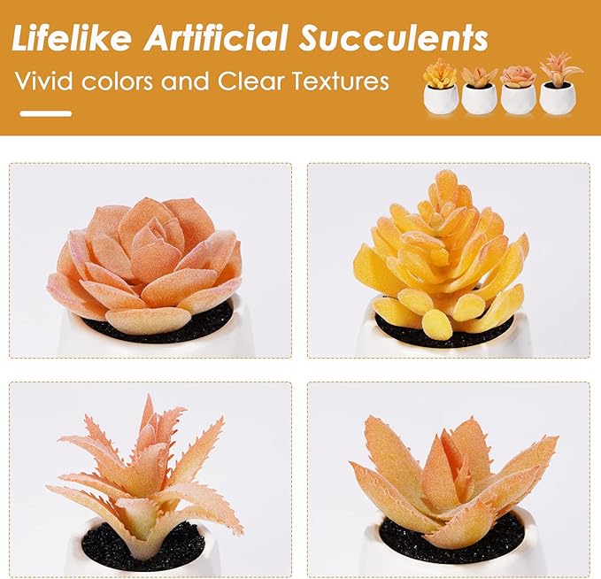 Tiita Artificial Faux Succulents in Pots, Mini Orange Fake Plants for Women Desk, Small Realistic Faux Succulents for Home Office Accessories Window Sill Bathroom Bedroom 4 Set, Orange