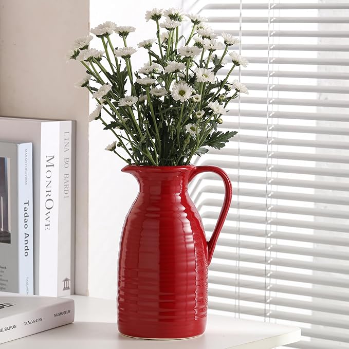 hjn hjn Farmhouse Pitcher Vase for Flowers- Ceramic Pitcher Vase Red Decorative Pitcher for Your Kitchen/Home Decor/Office/Living Room/Bookshelf/Mantel/-Red