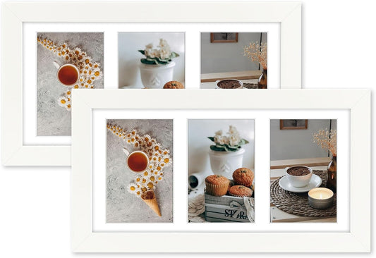 Golden State Art, Set of 2, 7x14 White Photo Wood Collage Frame with Mat Displays (3) 4"x6" Pictures (Wood - White with White Mat)