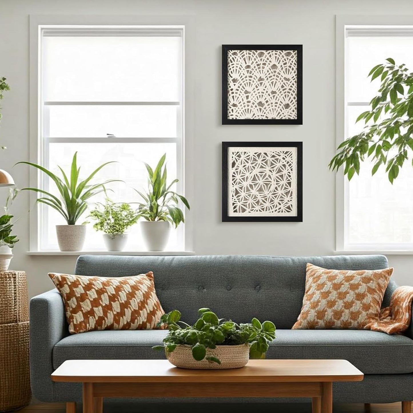 FOLKOR Framed Abstract Wall Art Apartment Living Room Decoration, 12" Handmade Rice Paper Black and White Shadow Box Artwork, Geometric Beach House Decor Wall Hanging Sculpture Gallery Art Decor