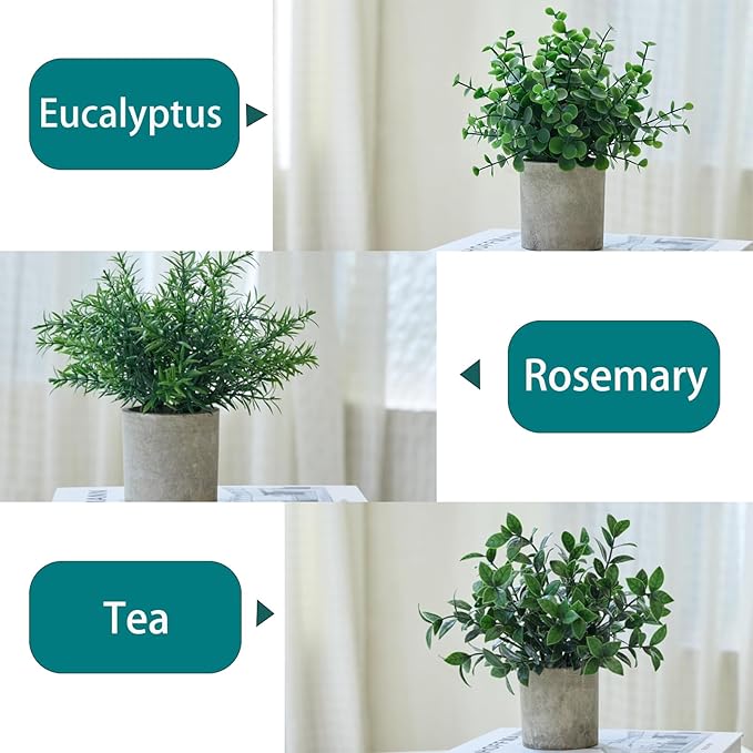 3 Pack Fake Potted Plants Artificial Eucalyptus Small Topiaries Lifelike Faux Plants for Home Office Coffee Room Desk Decor (Dark Green)