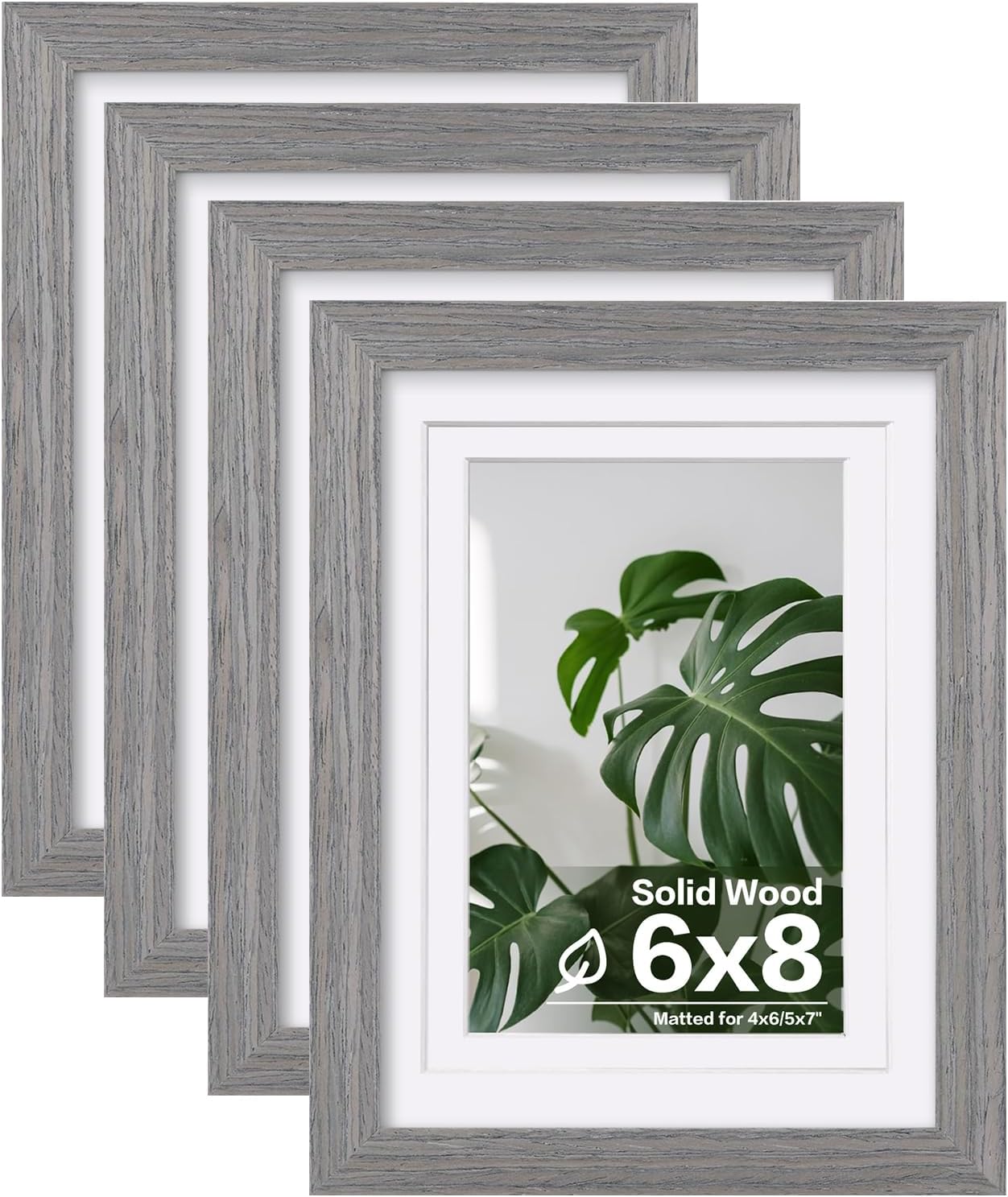 Egofine 6x8 Picture Frames Set of 4, Made of Solid Wood Covered by Plexiglass 4x6 and 5x7 with Mat or 6x8 without Mat, for Table Top Display and Wall Mounting Photo Frame Light Grey