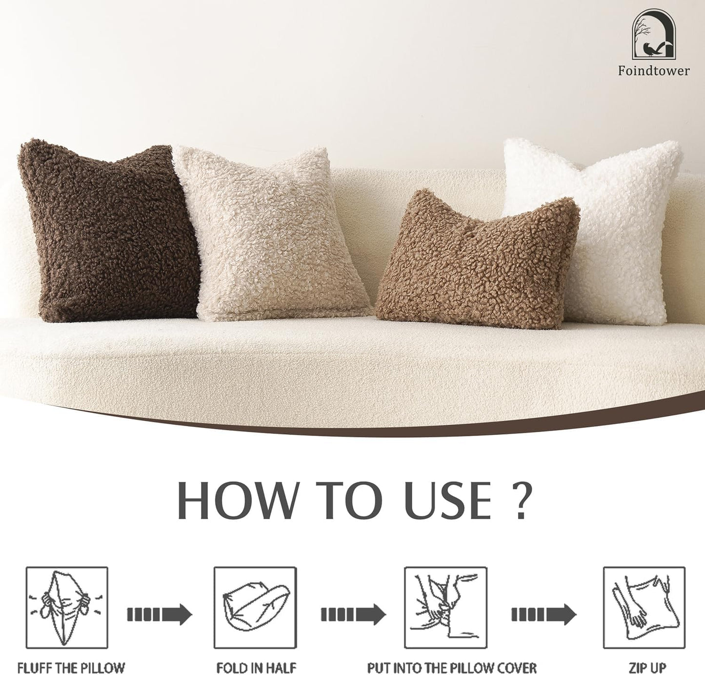 Foindtower 2 Pieces 20x20 Inch White, Faux Fur Throw Pillow Cover Accent Sherpa Pillow Fuzzy Soft Pillowcases Sheepskin Decorative Fleece Cushion Case for Bed Couch Living Room