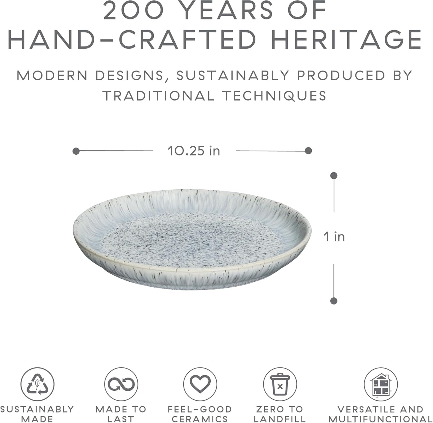 Denby - Halo Speckle Dinner Plates Set of 6-10.25 Inch Dishwasher Microwave Oven Safe - Scratch Chip Resistant - Grey, Neutral, Blue Large Ceramic Stoneware Dinnerware Plates Set