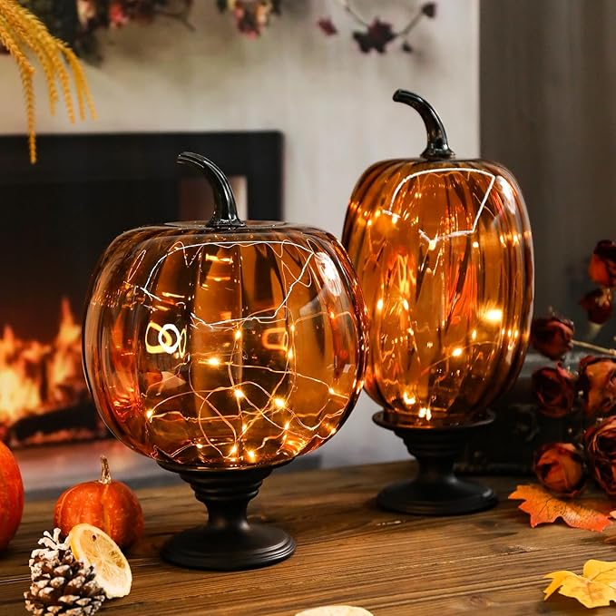 2 Pcs Glass Pumpkin Lights with Pedestal Fall Decor Pumpkins Decoration LED Lighted Collectible Thanksgiving Autumn Harvest Figurine Fall Halloween Decorations for Home Tables Centerpieces Decorative