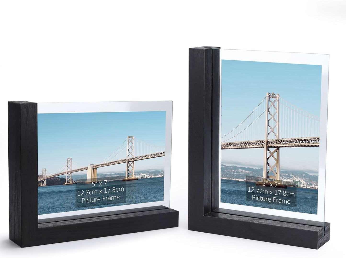 Lavezee 2 Pack 5x7 Picture Frames Made of Black Wooden L-shaped Base with Glass, Double Sided Display Photo Pictures 5 by 7 inch Vertical Horizontal for Tabletop Frame