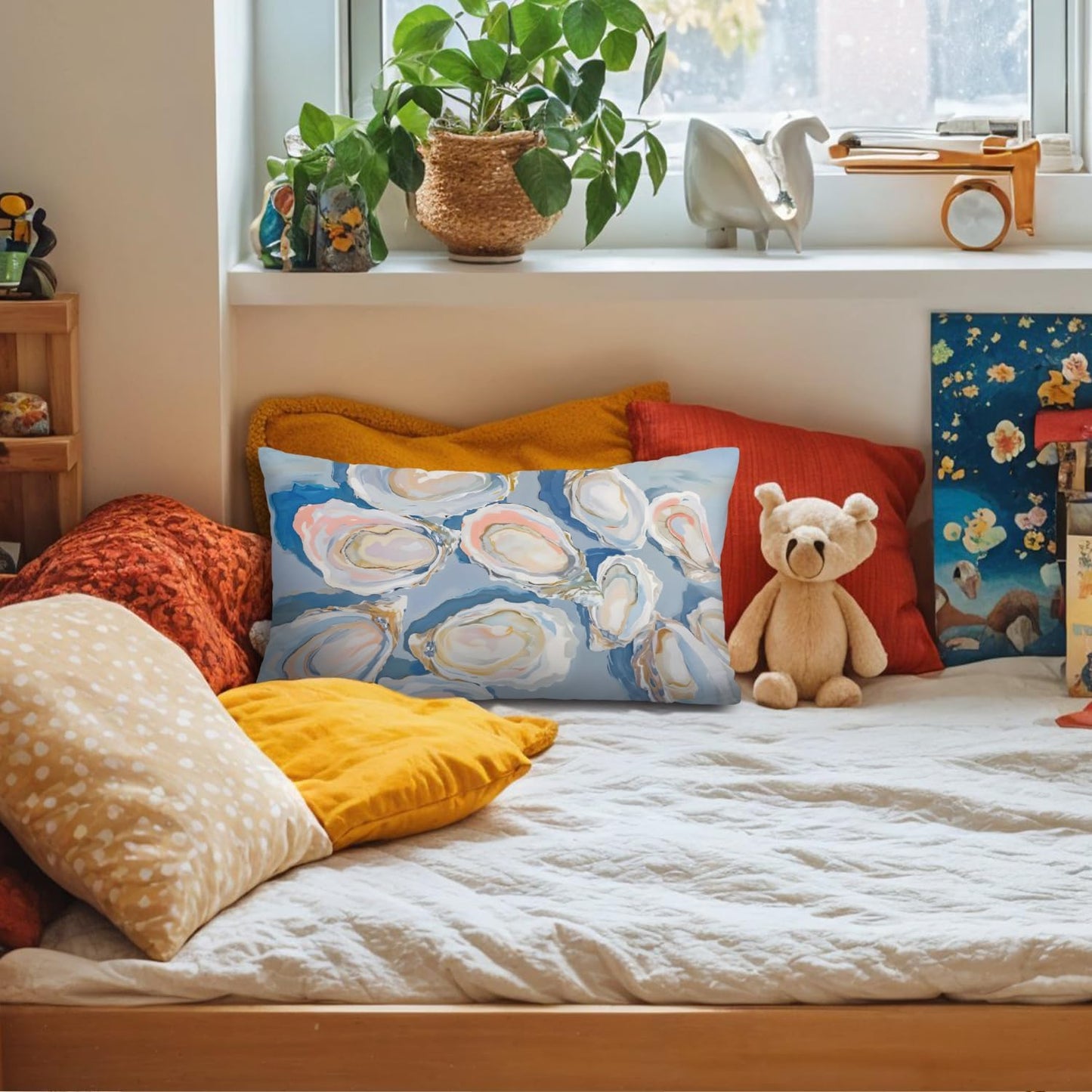 Coastal Beach Room Decor 12x20 Pillow Cover, Coastal Beach Blue Oysters Shell Decorative Lumbar Pillow Covers for Bedroom Living Room Home Dorm Sofa Couch