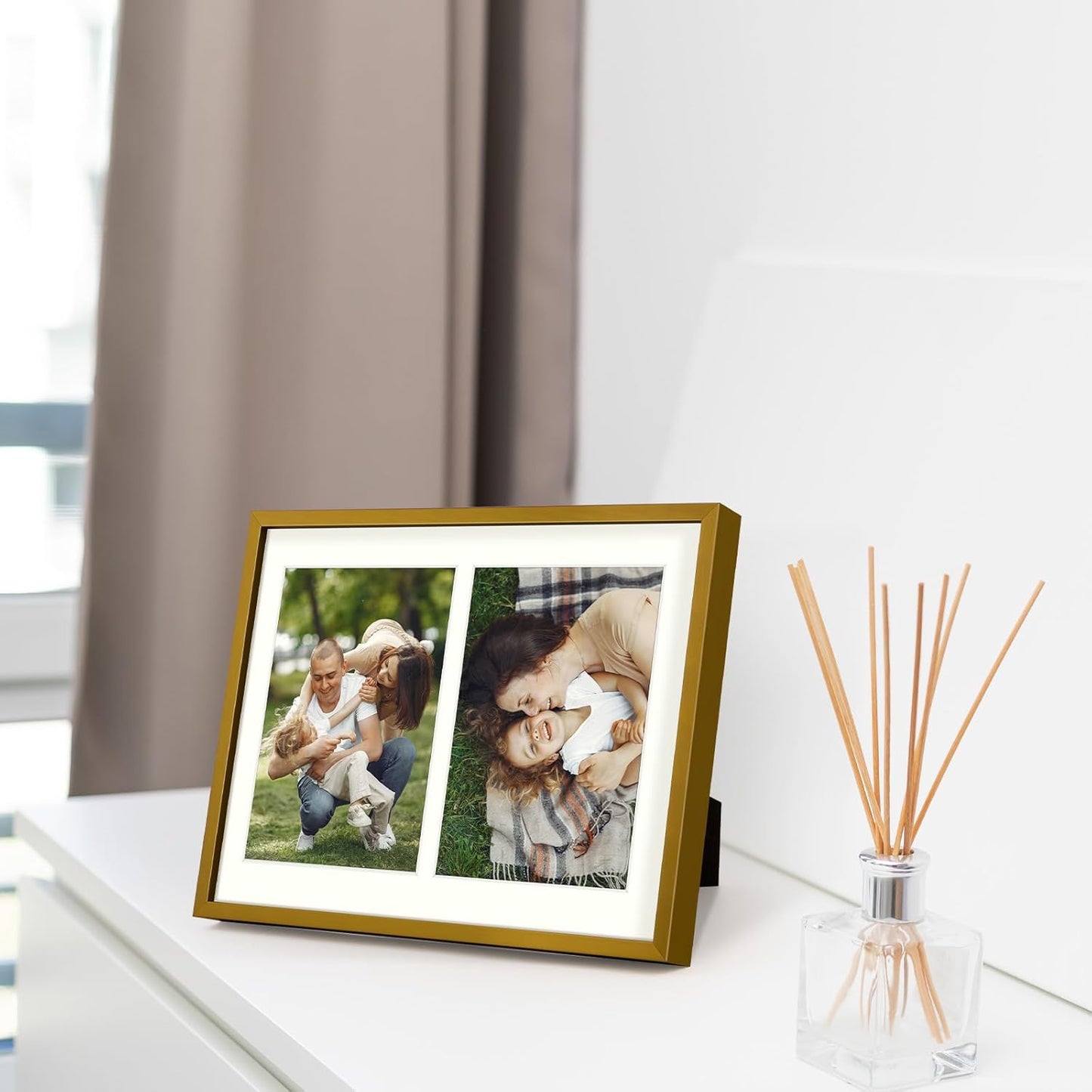 Frametory - 8.5x11 Aluminum Collage Picture Frame - Display 5x7 Pictures with 2 Openings Mat - Real Glass Front - With Easel Stand for Horizontal/Vertical Wall Mount - Bronze 1 Pack