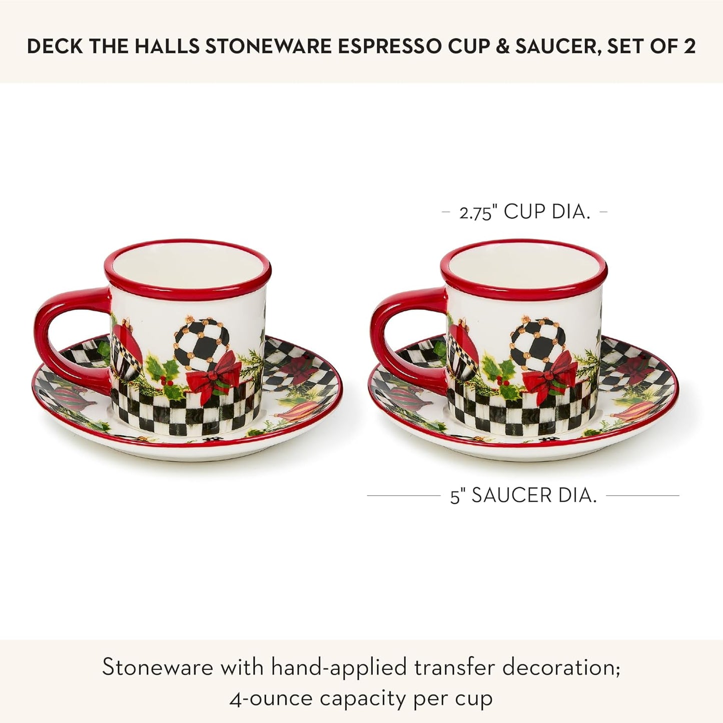 MACKENZIE-CHILDS Set of 2 Stoneware Espresso Cup and Saucer, Cute Coffee Cups
