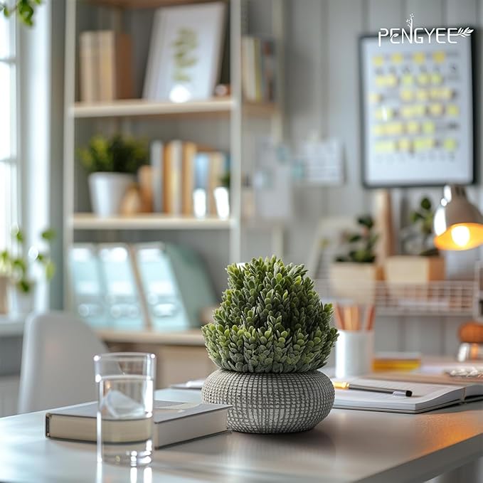 2Pack Small Fake Plants, 6.1/5.7 Inch Artificial Plants Indoor in Cement Planter, Small Faux Plants Indoor for Room Bathroom Bedroom Farmhouse Kitchen Office Home Decor