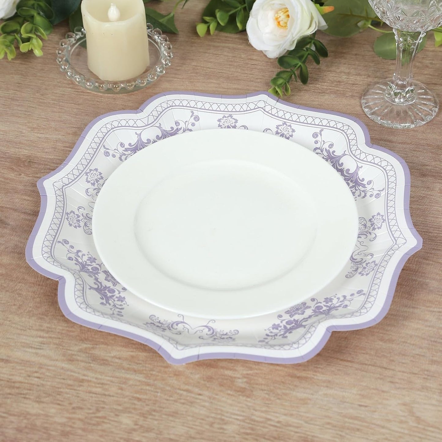 Efavormart 25 Pack White Lavender Lilac Paper Dessert Plates in Damask Floral Pattern, 8" Round Disposable Salad Appetizer Plates with Scalloped Rims - 300 GSM