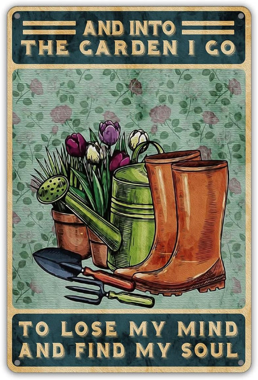 Funny Metal Tin Sign Wall Art Decor - Retro 'Into the Garden I Go to Lose My Mind' Sign for Home Decor Gifts