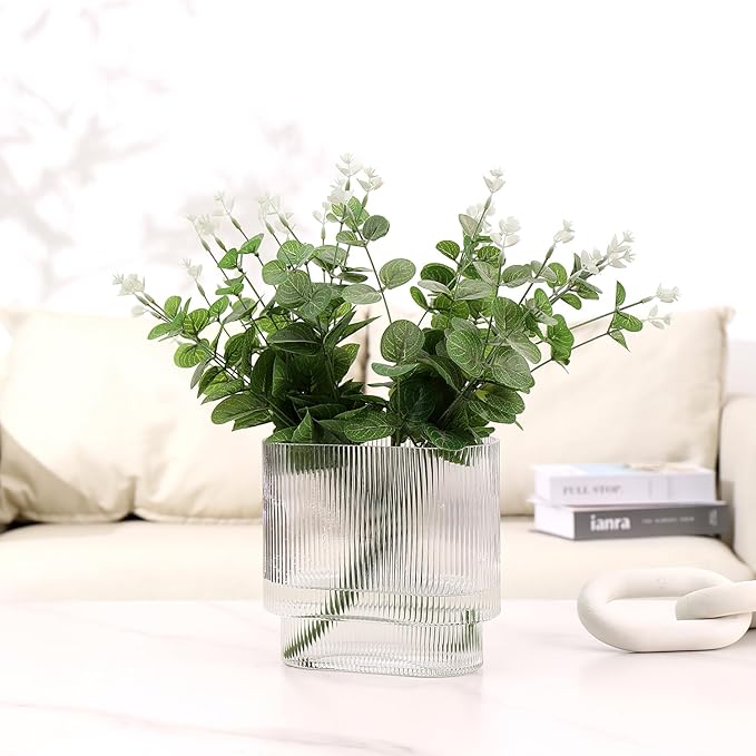 Ribbed Vase, Fluted Glass Vase for Flowers, Clear Flower Vases for Tulips, Modern Vases for Living Room, Dining Table, Office, Bedroom, Mantle, Shelf, Wedding, 7 Inch