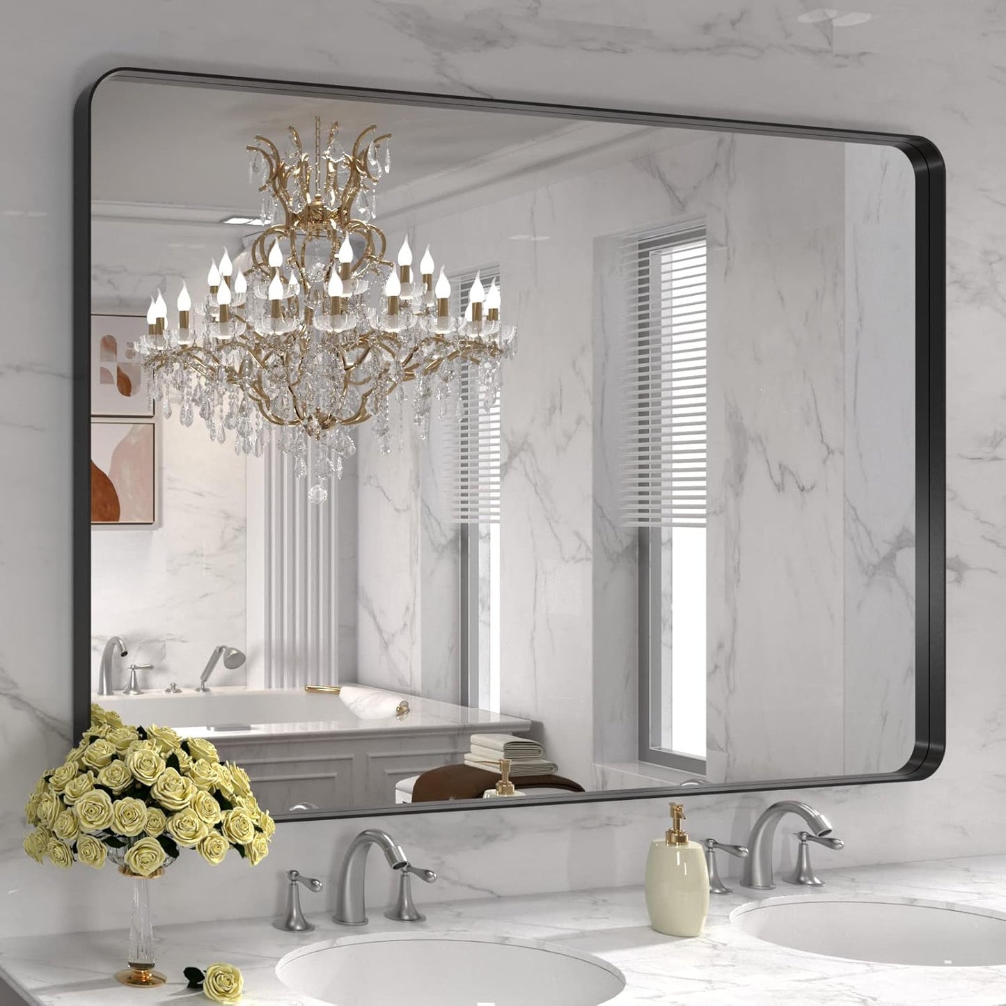 LOAAO 48X30 Inch Black Metal Framed Bathroom Mirror for Wall, Matte Black Bathroom Vanity Mirror Farmhouse, Large Rounded Rectangle Mirror, Anti-Rust, Tempered Glass, Hangs Horizontally or Vertically