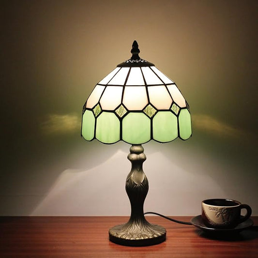 Tiffany Table Lamp 8'', Green Tiffany Style Table Lamp for Bedroom Study Office Home Stained Glass Lamp