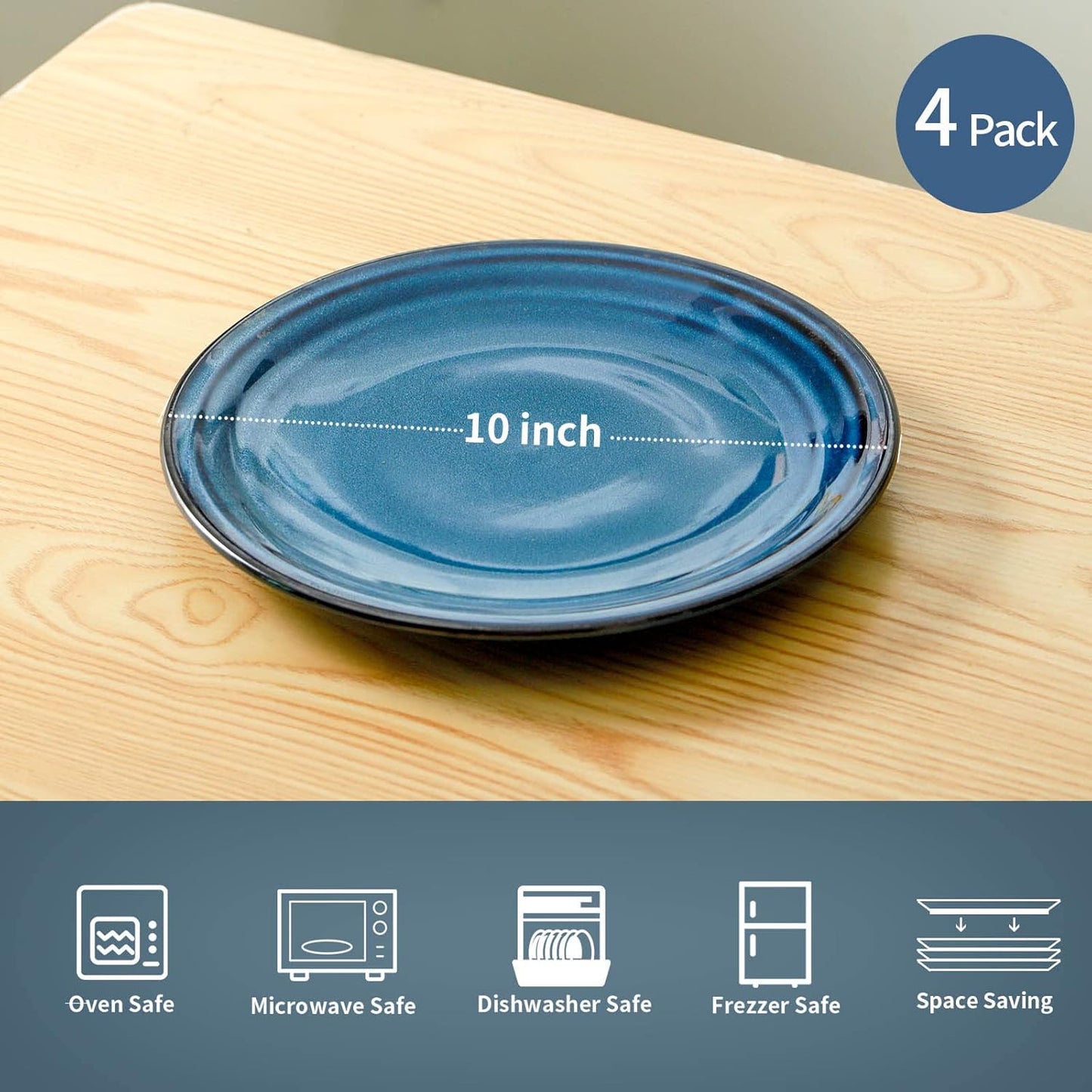 Hasense Ceramic Dinner Plates Set of 4,10 Inch Large Porcelain Pasta and Salad Plates,Blue Stoneware Plate Set Microwave,Oven,and Dishwasher Safe