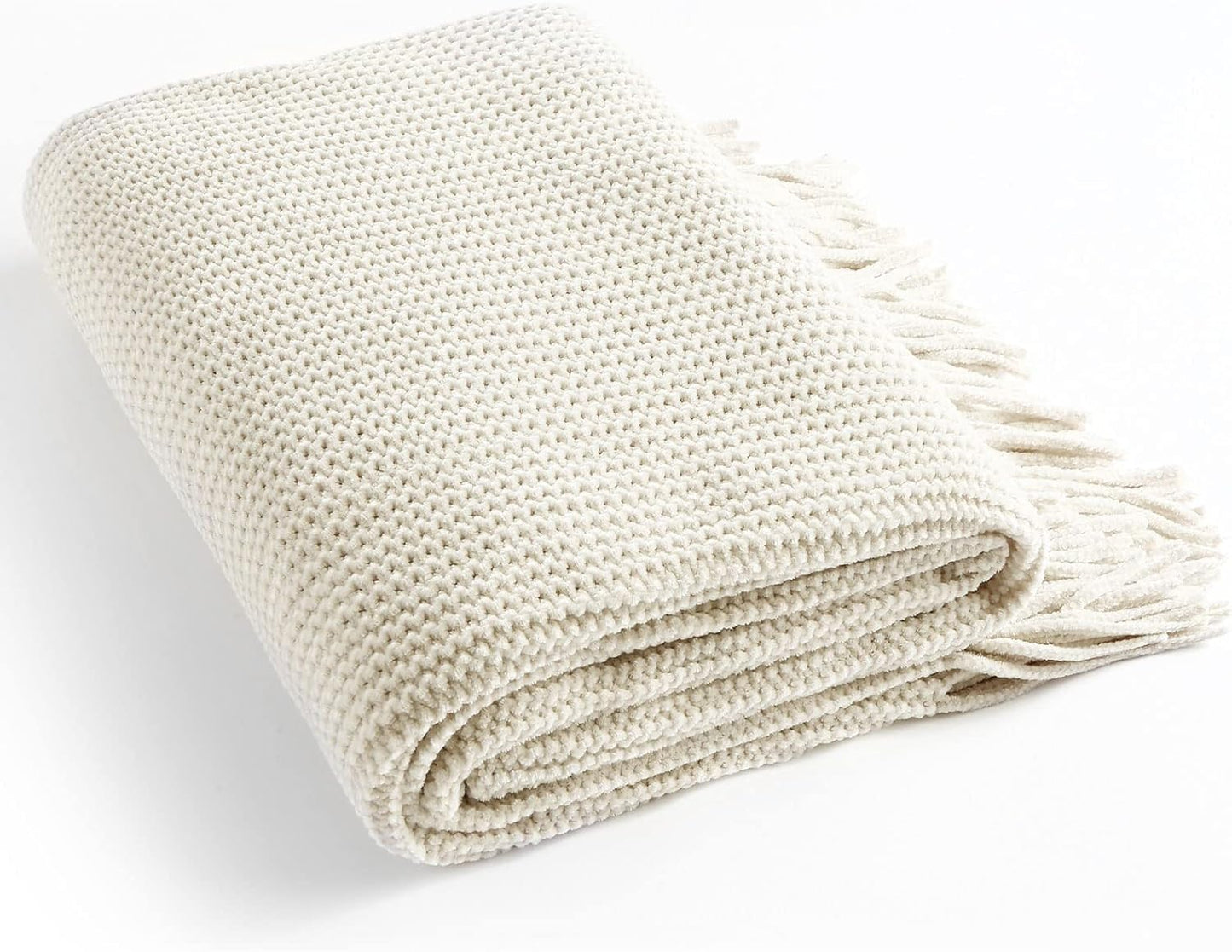 Blagic Knitted Throw Blanket for Couch Soft Farmhouse Boho Throw Blanket with Tassels Home Decorative Lightweight Throw Blankets,Cream White Throws for Bed/Chair/Sofa, Stripe Textured, 60" W x 80" L
