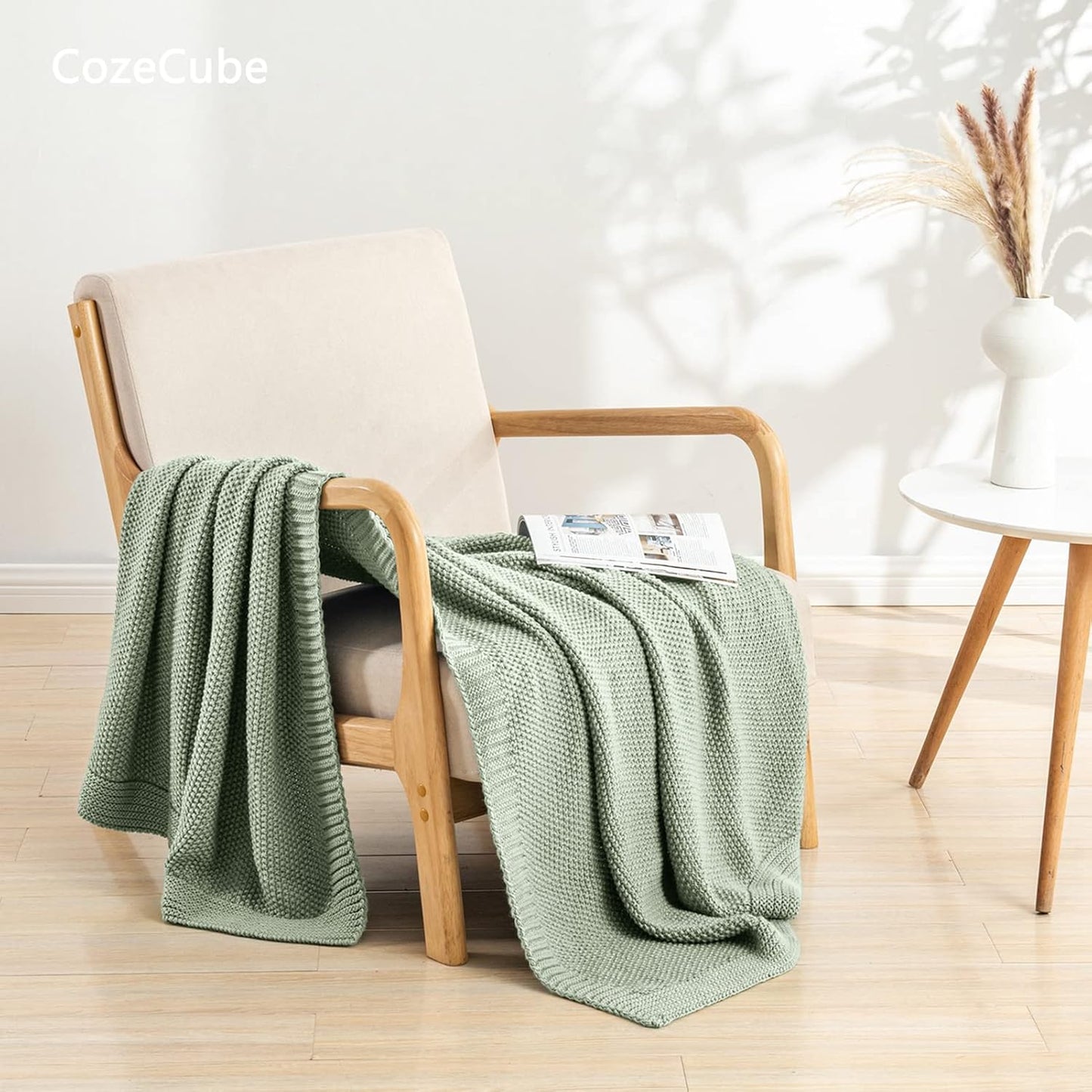 CozeCube Sage Green Throw Blanket for Couch, Soft Cozy Cable Knit Throw for Bed Sofa Living Room, Lightweight Warm Decorative Farmhouse Christmas Blanket, 60"x80", Sage Green