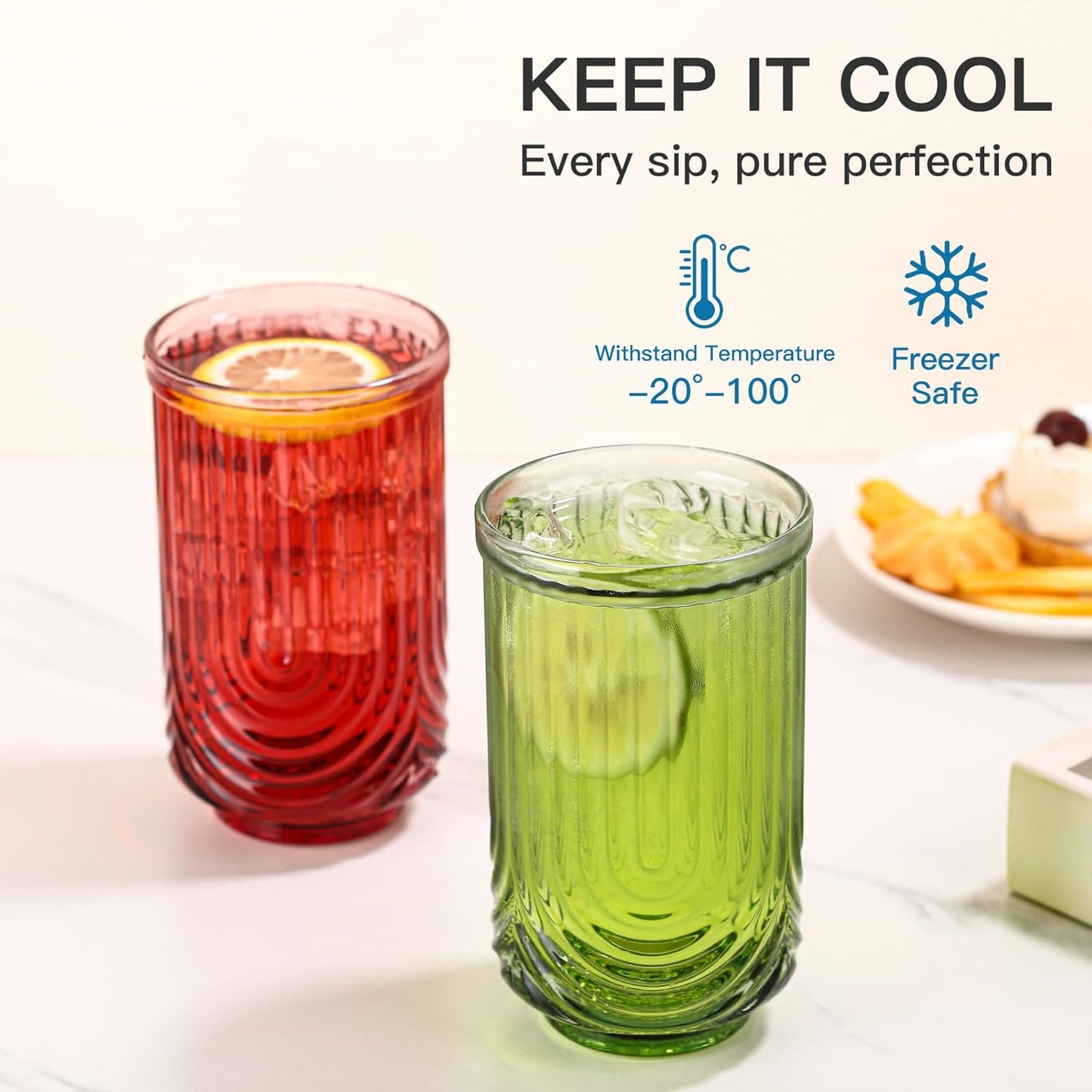 Colored Vintage Glassware Set of 6-17Oz Colorful Water Drinking Glass, Art Deco Ripple Highball Glass, Whiskey Cocktail Glasses, for Bar Beverages Ice Coffee Juice, Housewarming Gifts