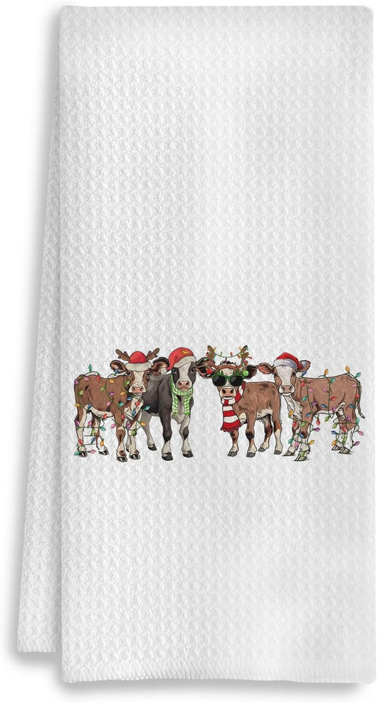 Cow Christmas Kitchen Towels, Funny Cow Decorative Hand Towels for Bathroom, Farmhouse Christmas Dish Towels Tea Towels for Kitchen, Christmas Bathroom Kitchen Decor, 16x24 Inches