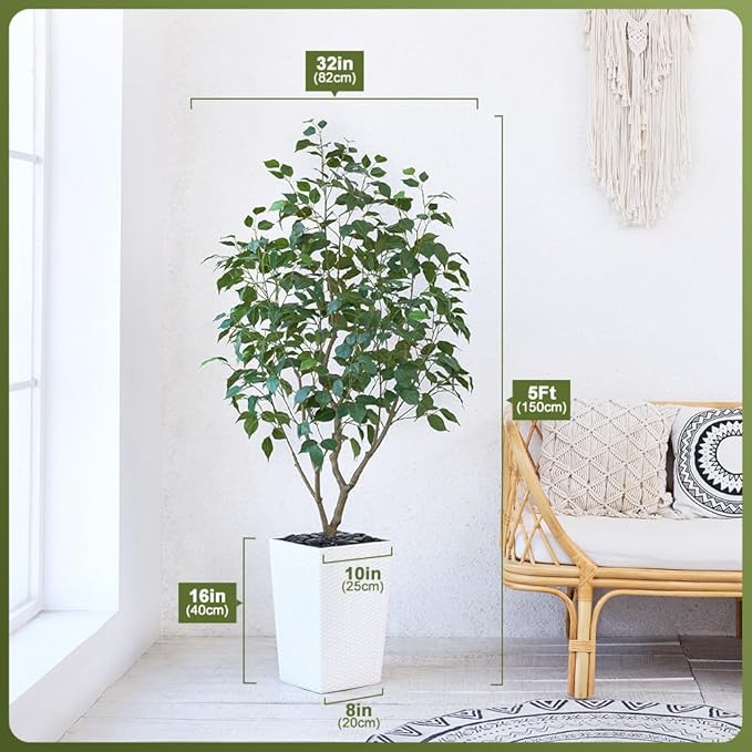 5FT Artificial Ficus Tree with White Taper Planter & Pebbles– Tall Faux Trees with UV Resistant Silk Leaves for Indoor Outdoor - Potted Fake Floor Plants for Home Office Room Decor, VN128