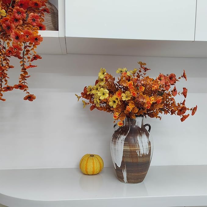 Rustic Pottery Vase - 10" Handmade Brown and White Farmhouse Vase with Handle, Unique Boho vase, Decorative Neutral Vases Home Decor, Vintage Ceramic Flower vases for Living Room, Kitchen Decor