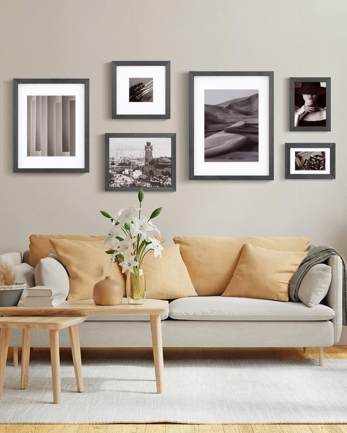 Egofine 4x6 Picture Frames Set of 4, Made of Solid Wood Covered by Plexiglass 3.5x5 with Mat or 4x6 without Mat, for Table Top Display and Wall Mounting Photo Frame Rustic Black