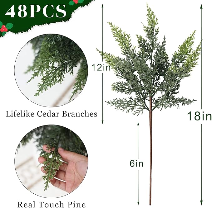 18" Real Touch Cedar Branches -48 Pcs, Artificial Christmas Cedar Branch Realistic Fake Pine Picks Faux Greenery Plants Stem for Vase DIY Crafts Garland Wreath Indoor Outdoor Home Decor