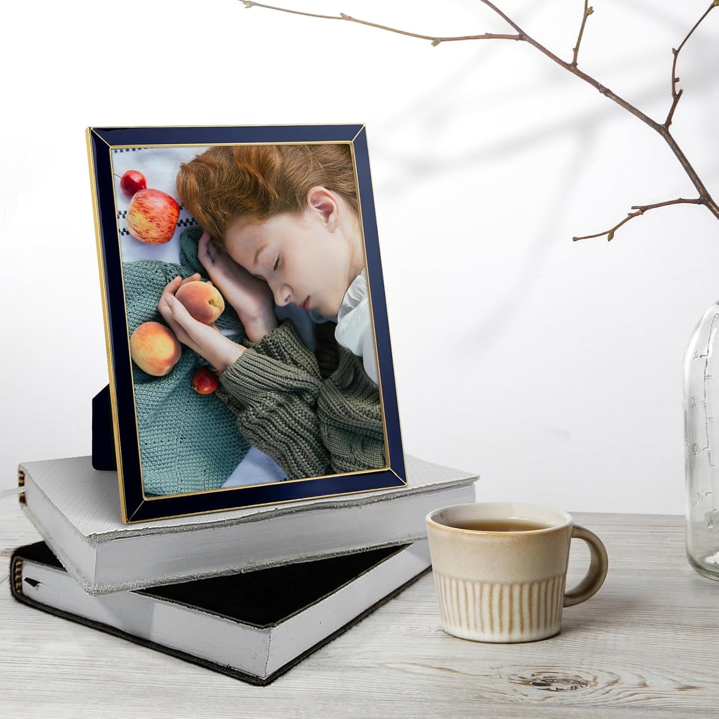 Frametory Enamel Picture Frame - 8x10 Gold Metal Edge Navy Blue Enamel Picture Frame With Easel and Velvet Back for Tabletop Display, 8x10 Wall Decoration, Photo Frames, Picture Display-2 Set
