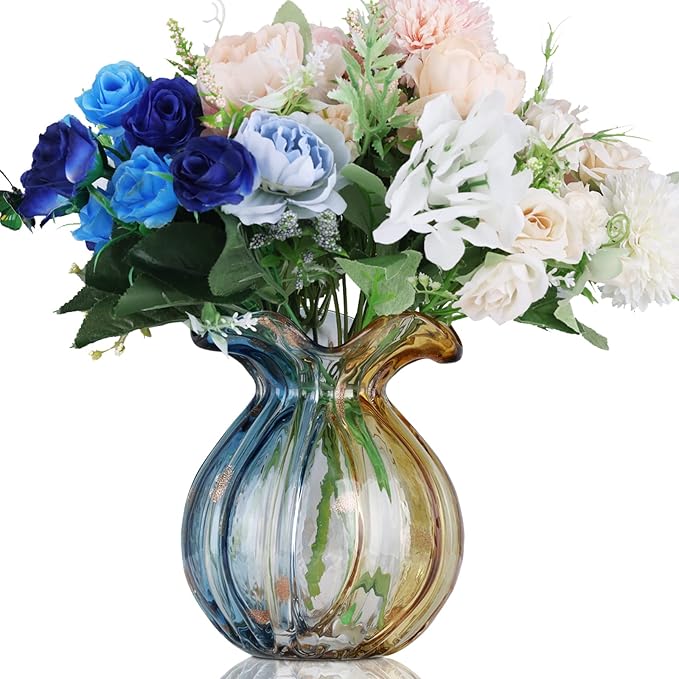 Blown Gradient Glass Art Vase - Transparent, Unique, Modern Art - Wide Mouth for Living Room, Wedding, Dining Table, Office Center Table Display Flower